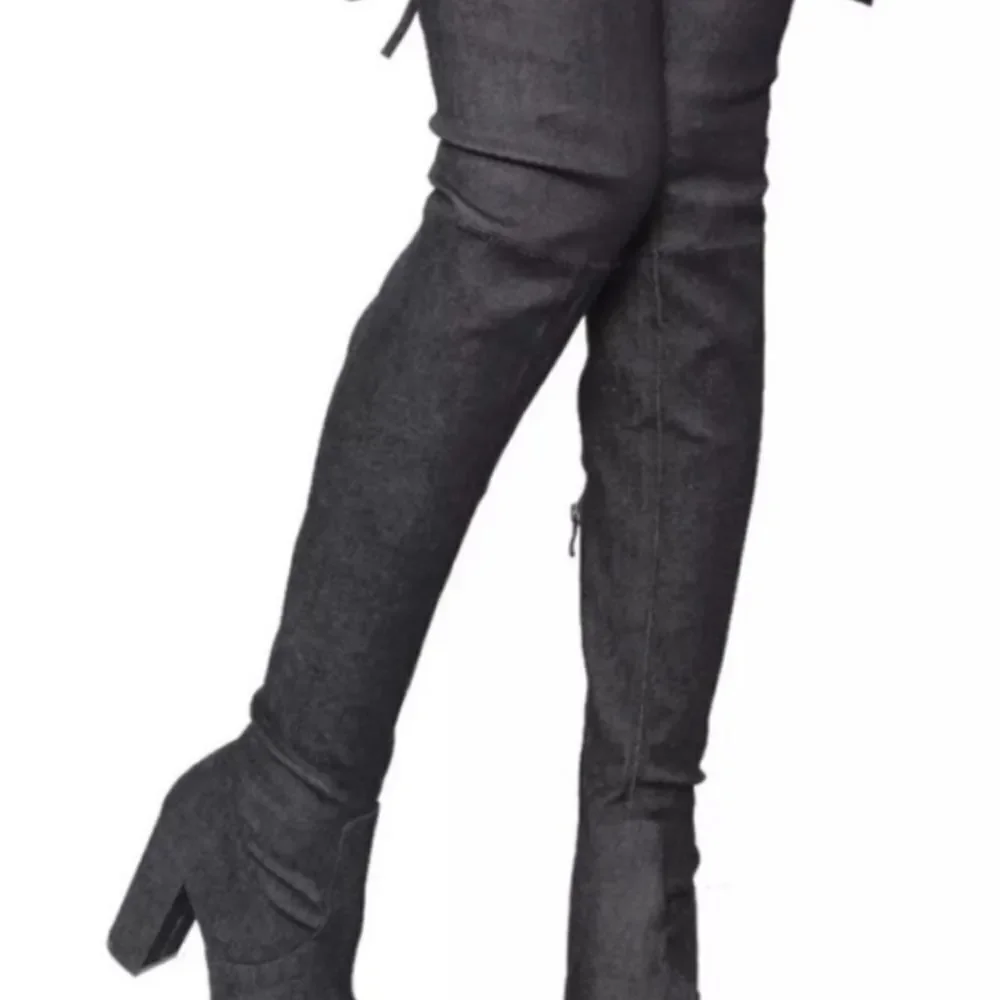 BLACK DENIM OVER THE KNEE BLOCK PLASFORM HEEL BOOT